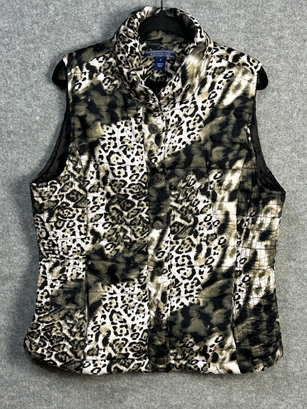 Bandolino M Mixed Animal Print Quilted Snap Vest Black White Gorpcore Utility
